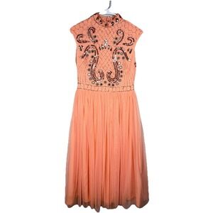 ASOS Embellished Midi Dress US 6 Peach Beaded Sequin Formal Art Deco Tulle